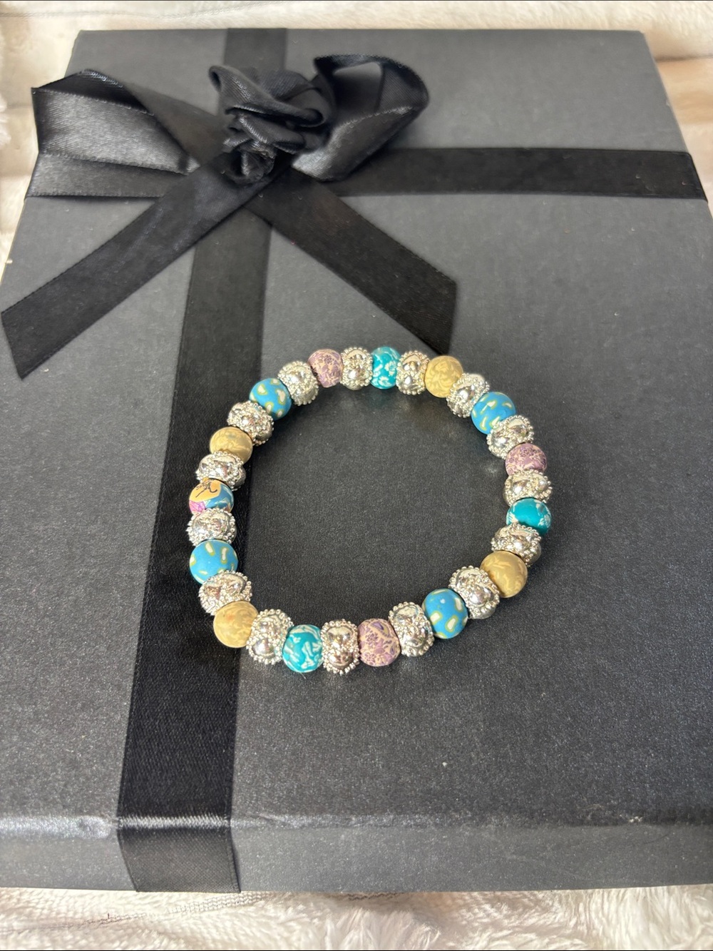 Multicolor Beaded Stretch Bracelet with Silver and Turquoise Accents